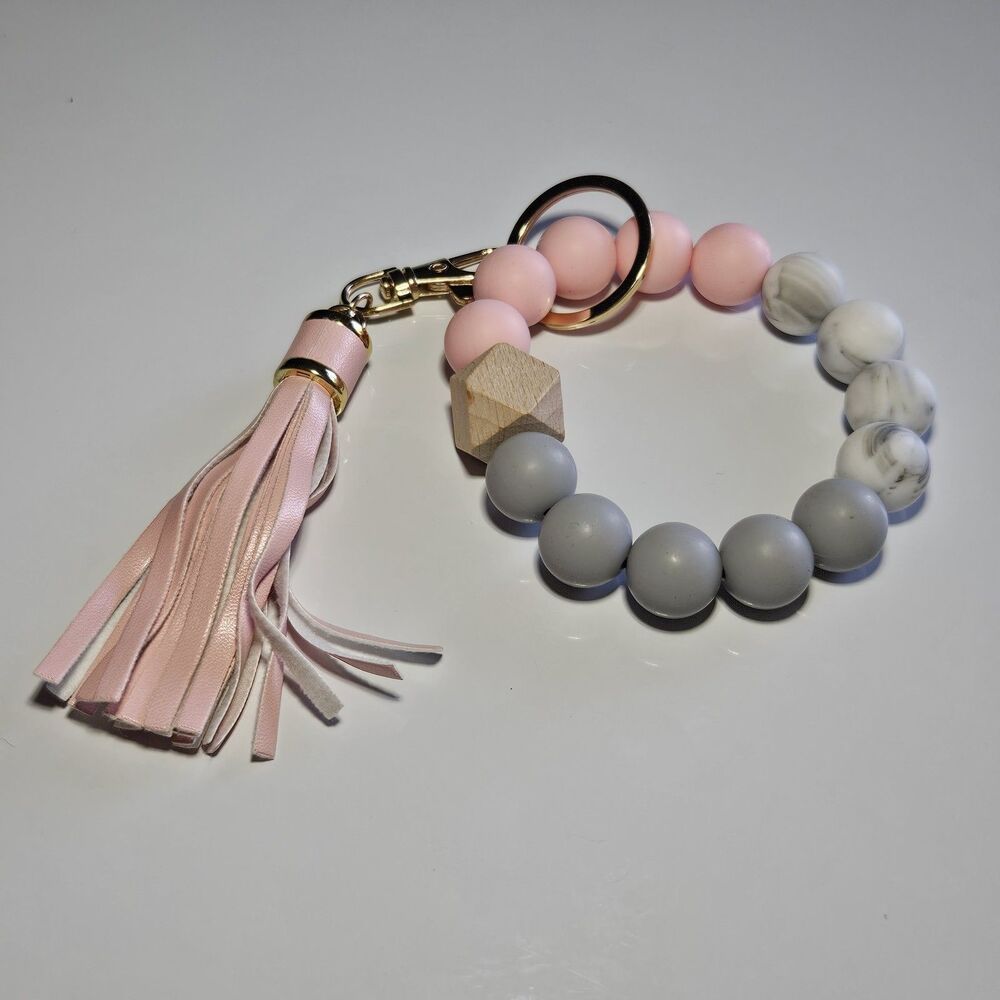 Pink Gray White Gold Tone Silicone Bead Bracelet Removable Keychain Tassel